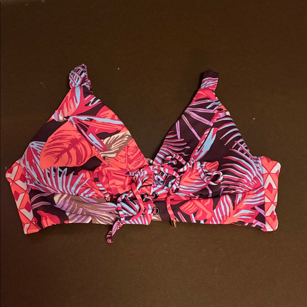 Maaji Reversible Pink/Orange/Blue Floral & Striped Bikini Top - Size L